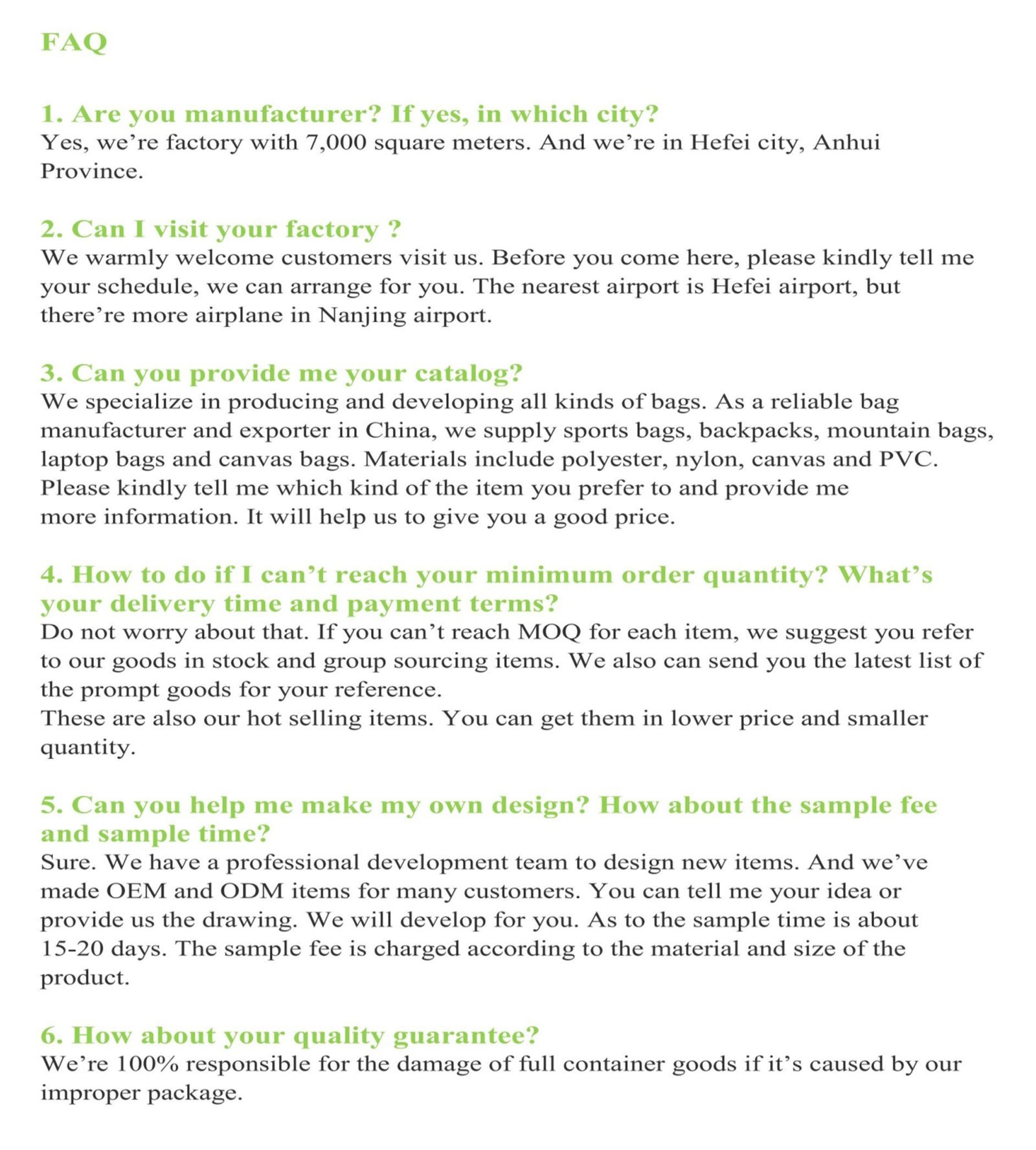 Detailed FAQ sheet used on our product pages
