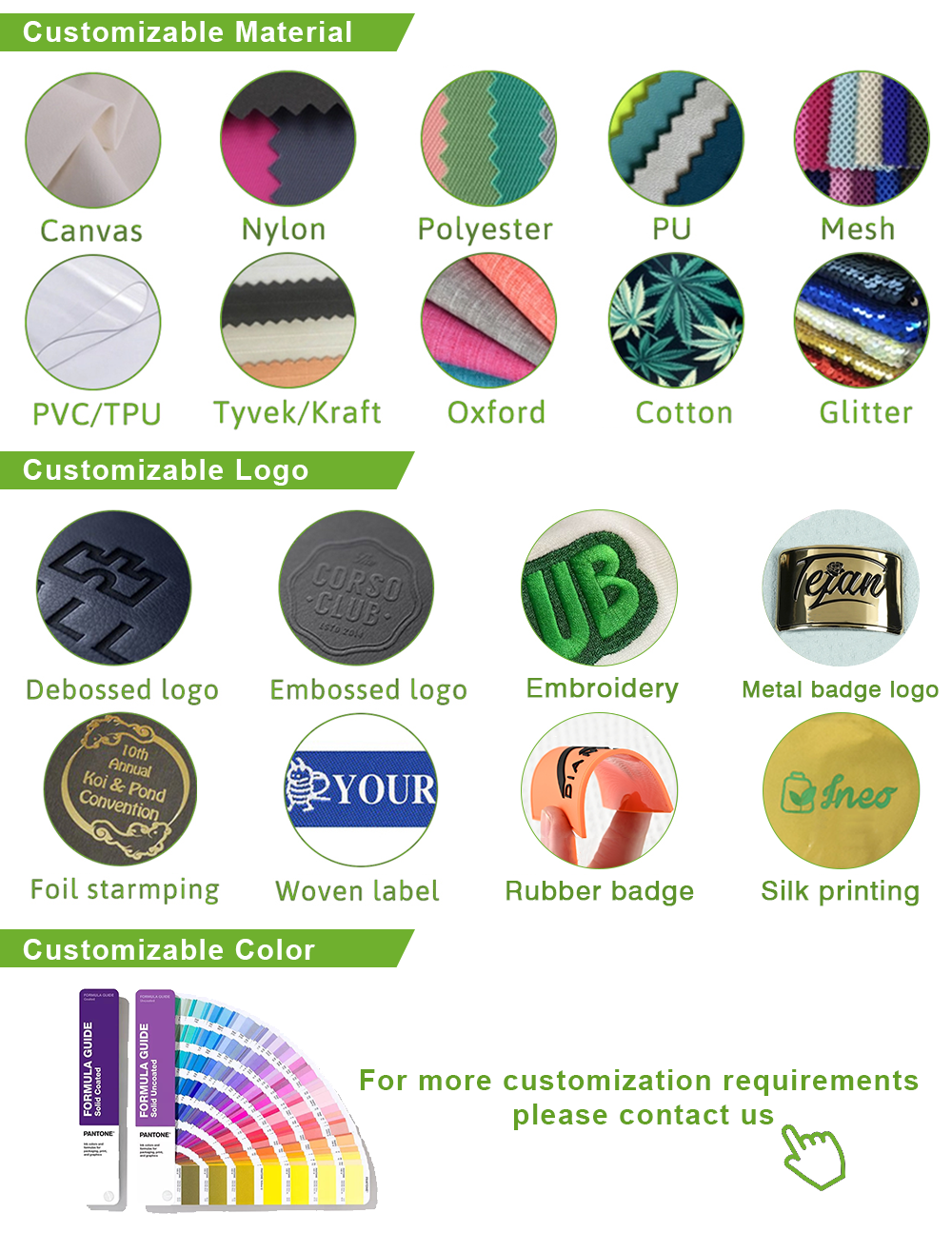 Customizable material, logo and color options
